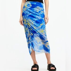 ALL SAINTS NORA INSPIRAL MESH BLUE & YELLOW MIDI SKIRT WITH RUCHING SZ 8